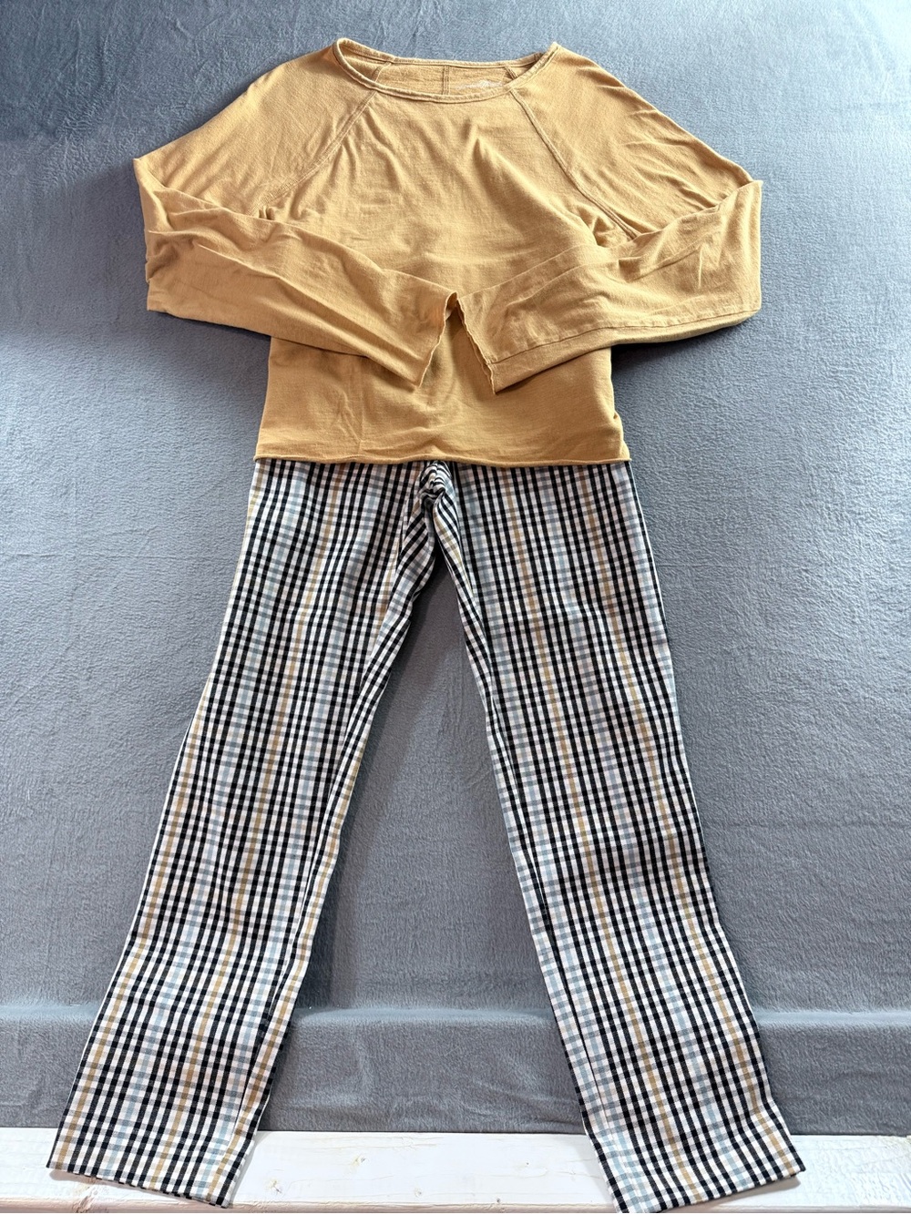 Universal Thread Yellow Top with Black & Tan Checked Chinos